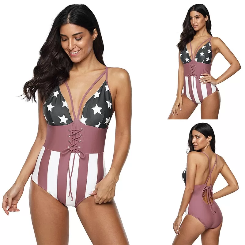 2021 New!! Women's One Piece Swimsuit USA Flag Sizes S -4 XL