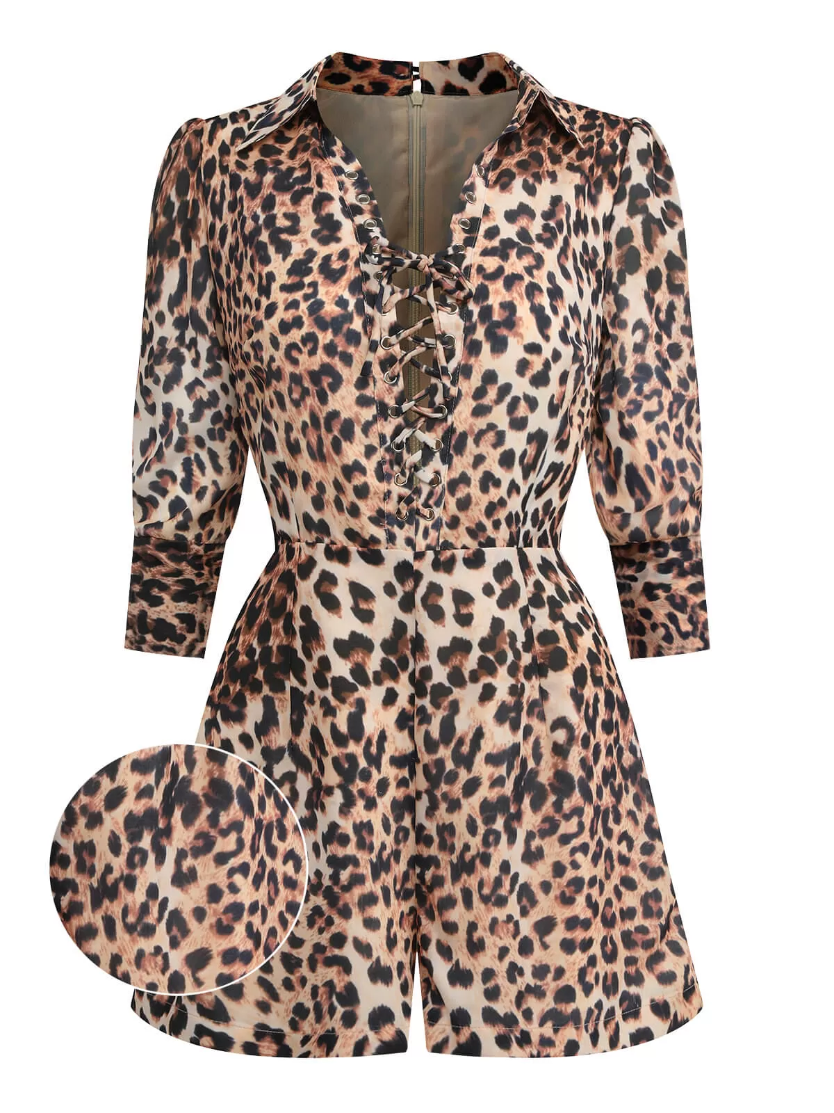 2PCS 1950s Leopard Lapel Romper & Khaki Skirt