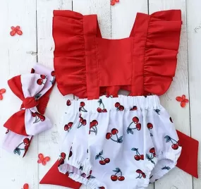 2Pcs Newborn Baby Girl Clothes Ruffle Backless Cherry Romper   Headband Outfit Baby Girl Summer Clothes