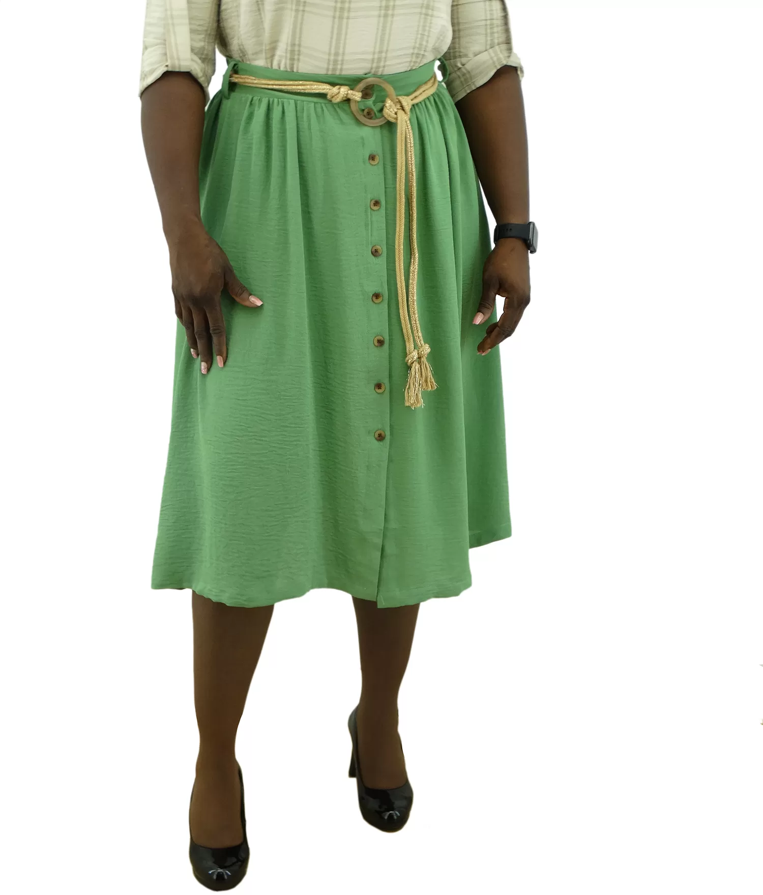 30064, Runway Ready Women's Button Front Skirt W/Rope Belt- (S-XL)