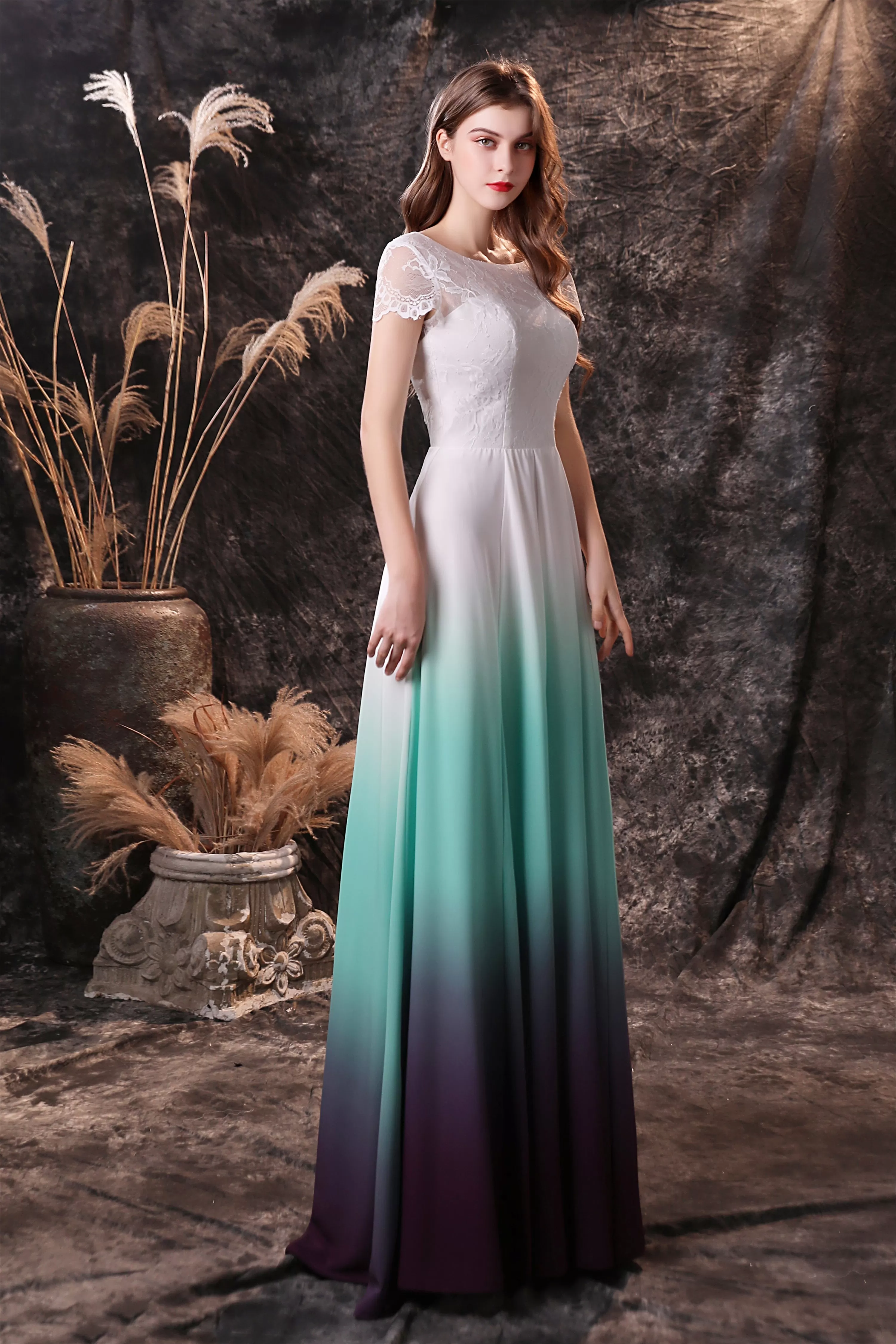 A Line Cap Sleeve Ombre Silk Floor Length Prom Dresses