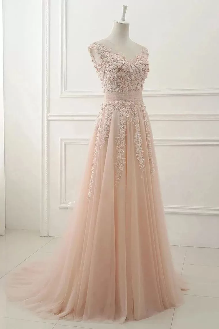 A Line Sheer Neck Cap Sleeves Tulle Prom Dresses With Appliques