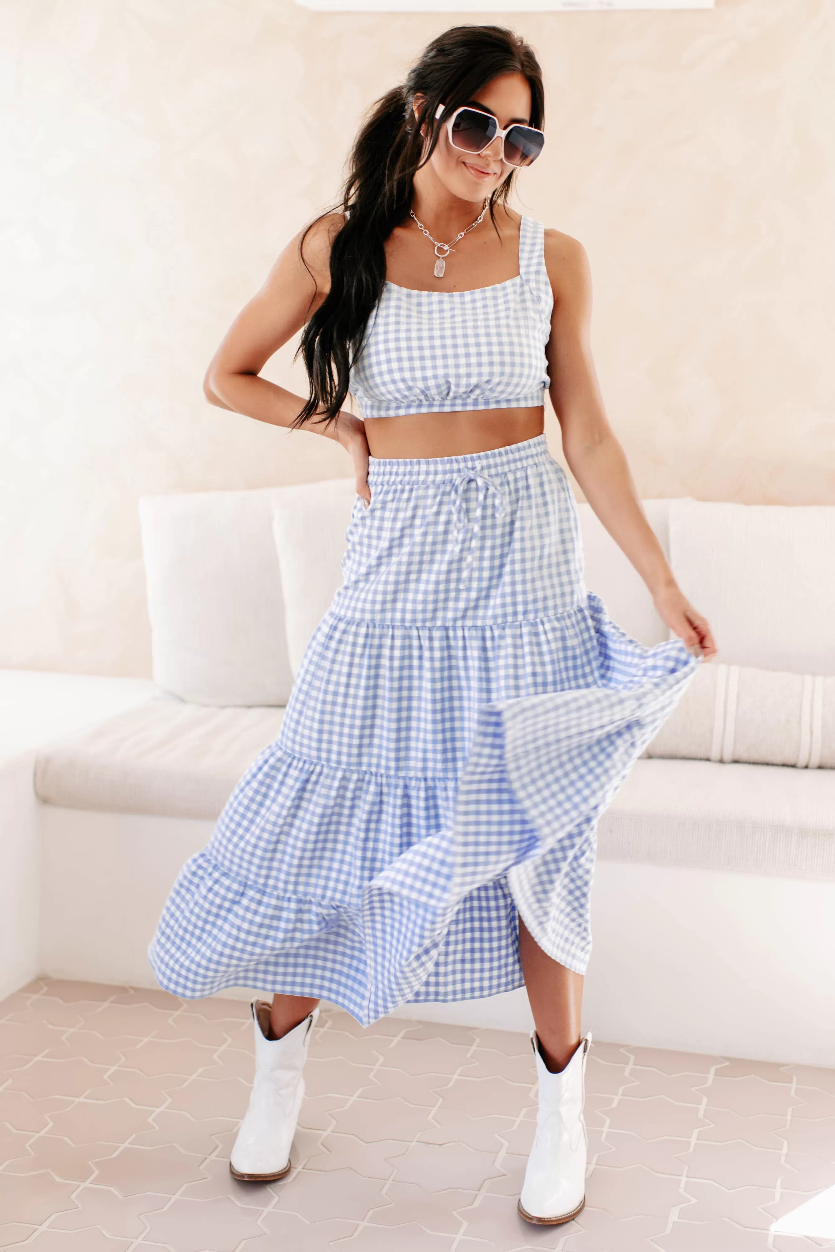 A Little Bit Sweet Gingham Two-Piece Set (Blue)