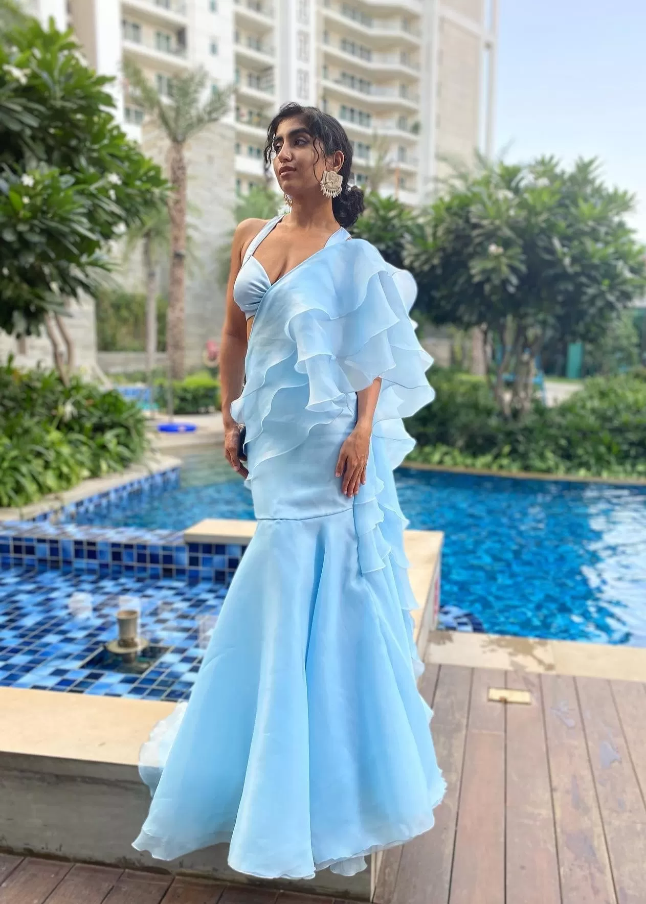 Aasira Baby Blue Ruffle Organza Pre-Stiched Saree