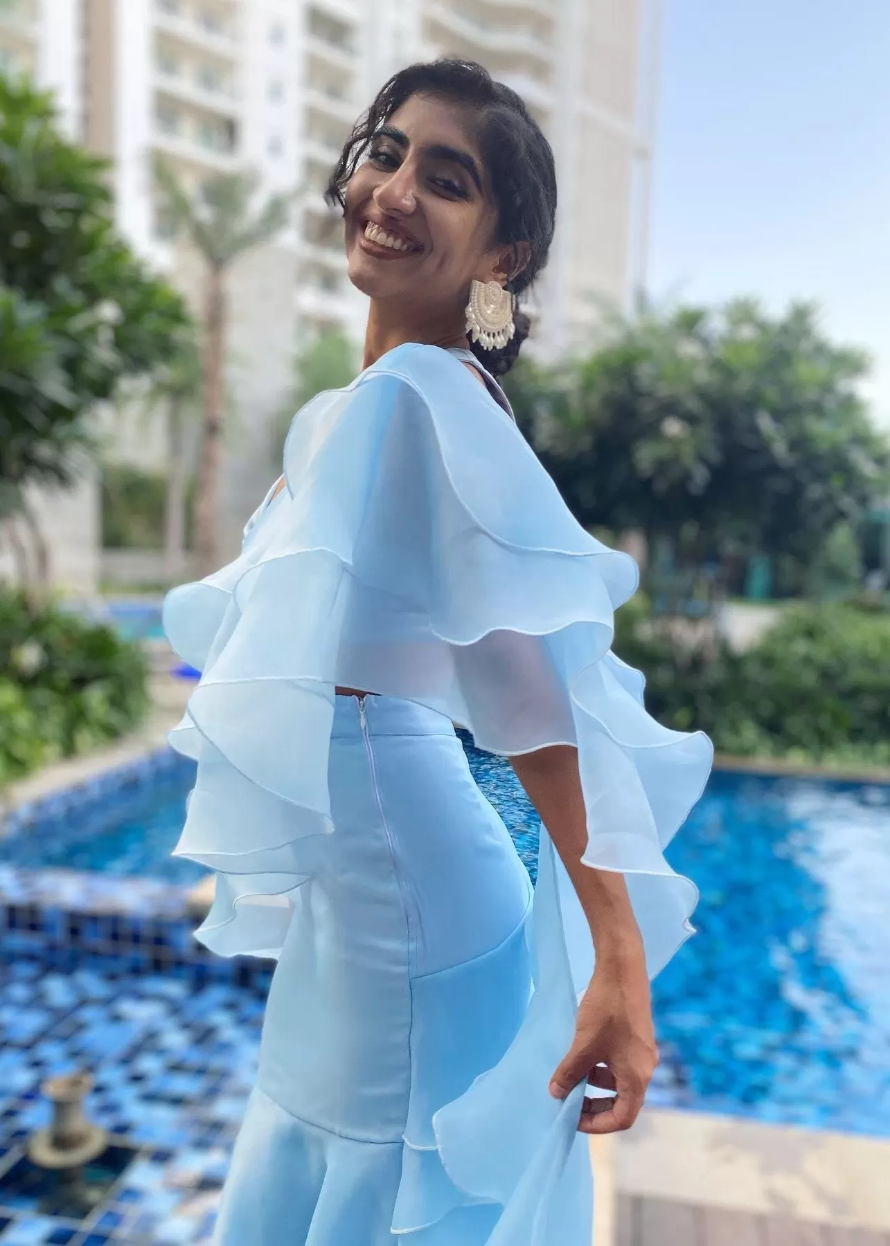 Aasira Baby Blue Ruffle Organza Pre-Stiched Saree