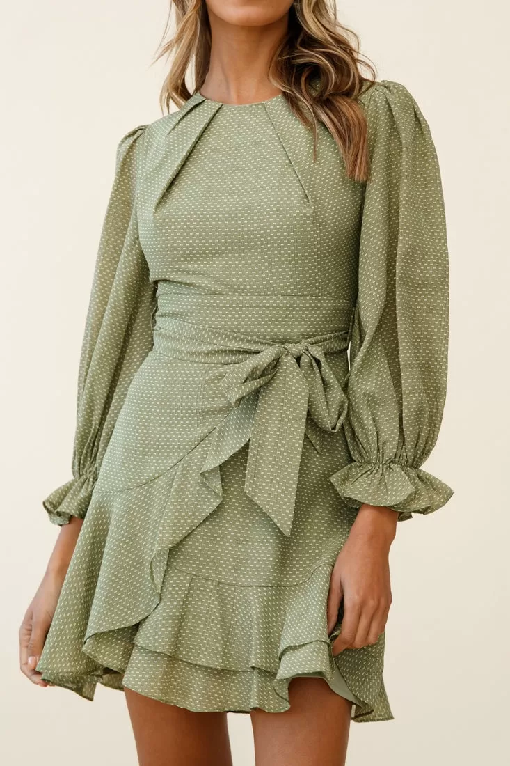 Agnes Long Sleeve Pleat Detail Dress Olive