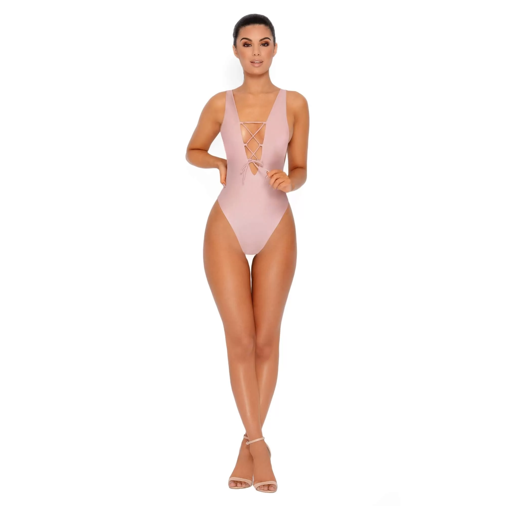 All Tied Up Lace Front High Leg Swimsuit in Blush Mauve