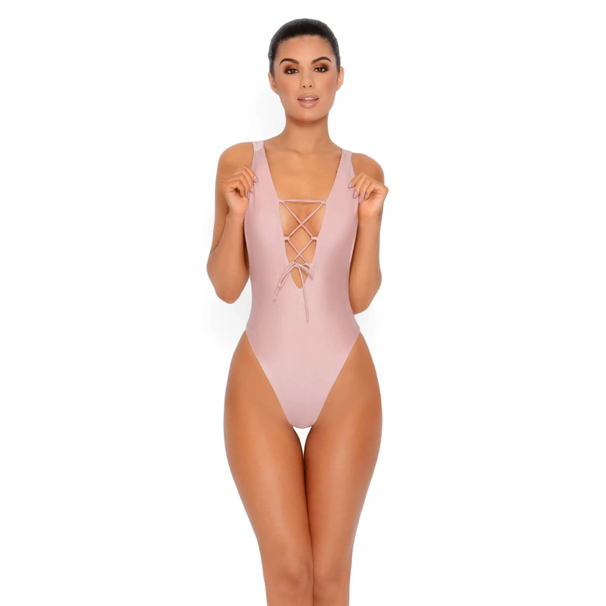 All Tied Up Lace Front High Leg Swimsuit in Blush Mauve