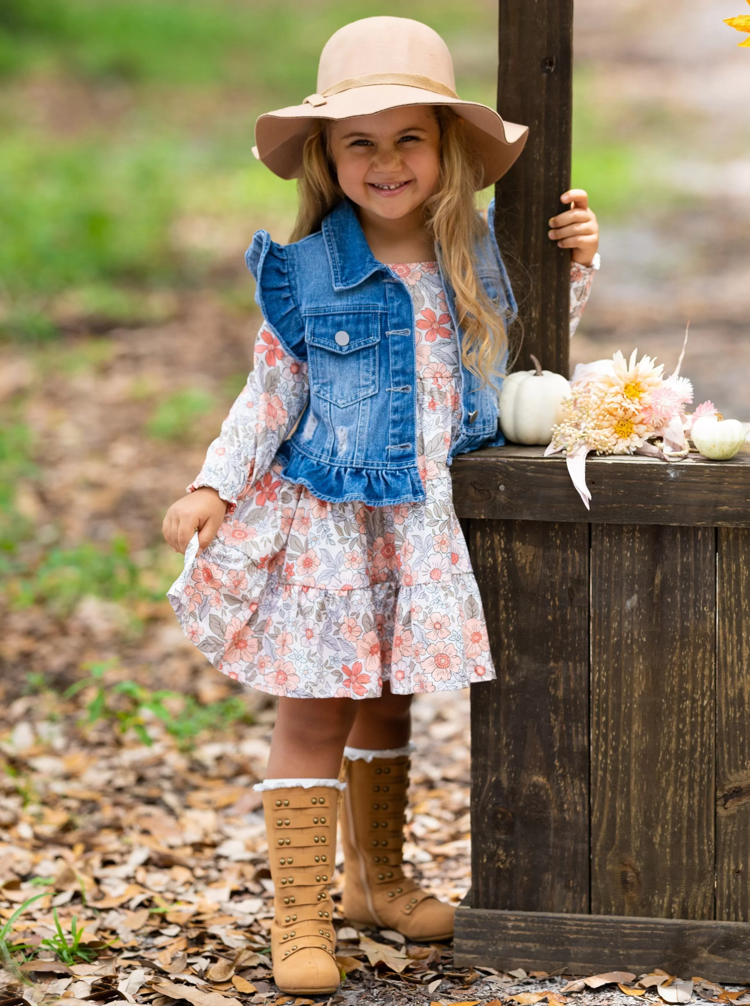 Always In Bloom Denim Vest and Floral Dress Set