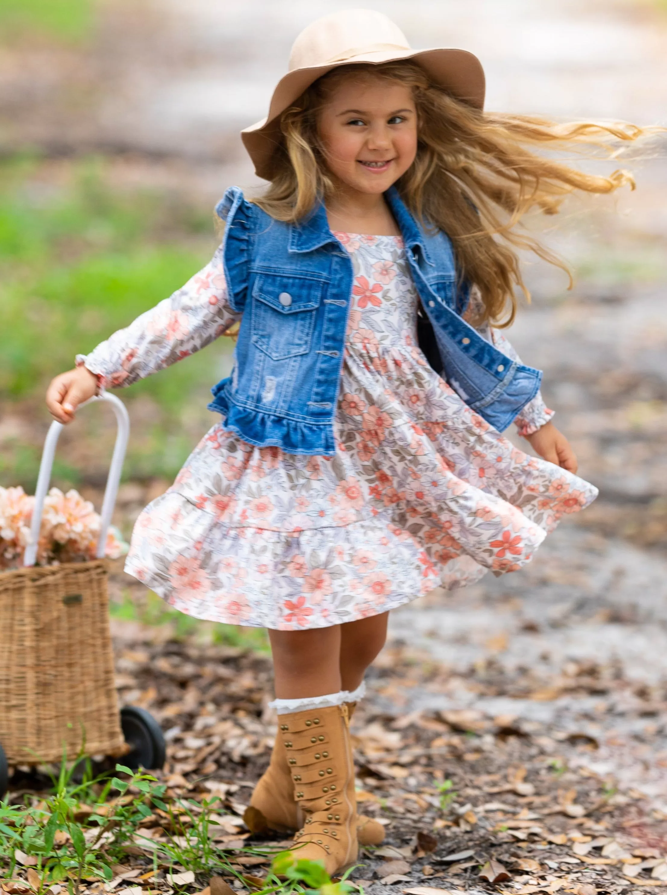 Always In Bloom Denim Vest and Floral Dress Set