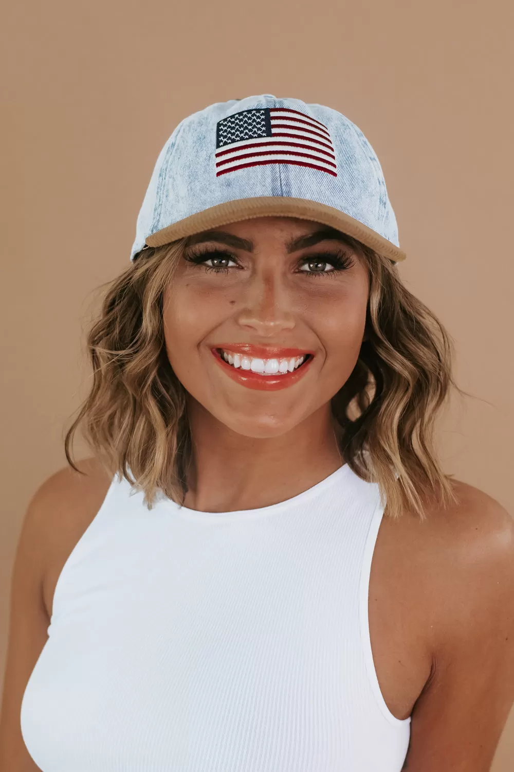 American Flag Embroidered Baseball Cap With Corduroy brim