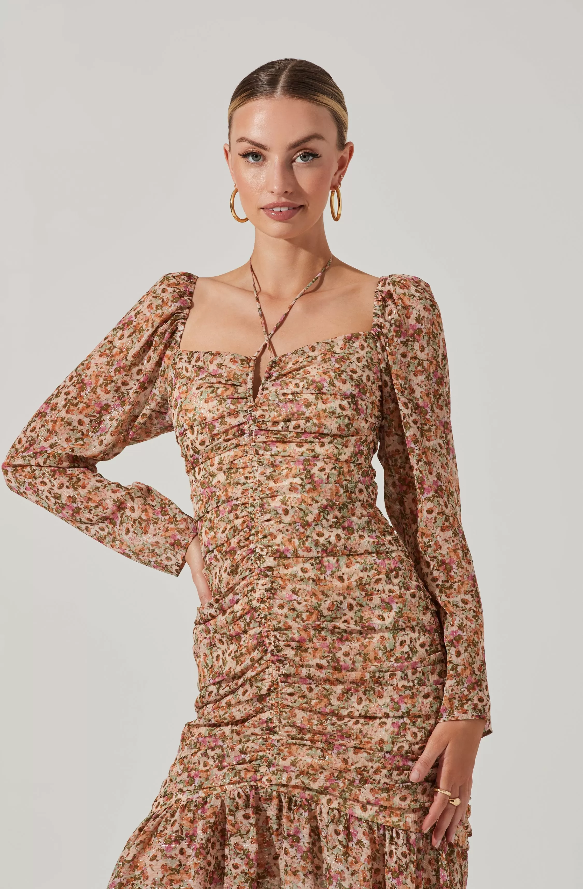 Athena Floral Ruched Long Sleeve Midi Dress