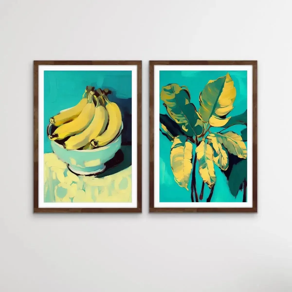 Banana and Banana Leafs - Two Piece Yellow and Turquoise Painted Print Set by Treechild