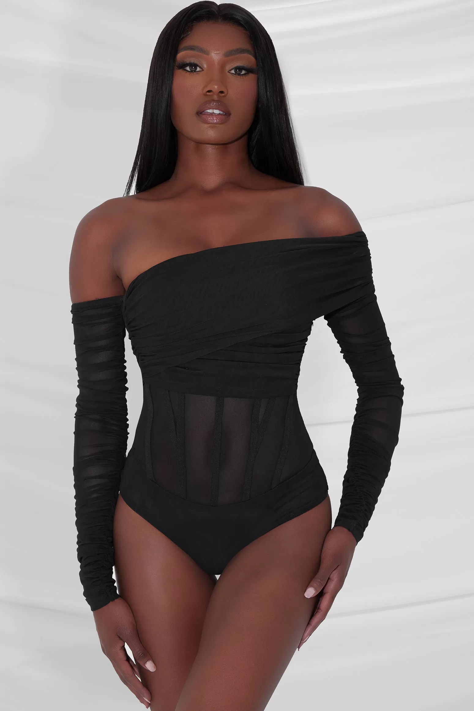 Bardot Bustier Corset Mesh Bodysuit - Black