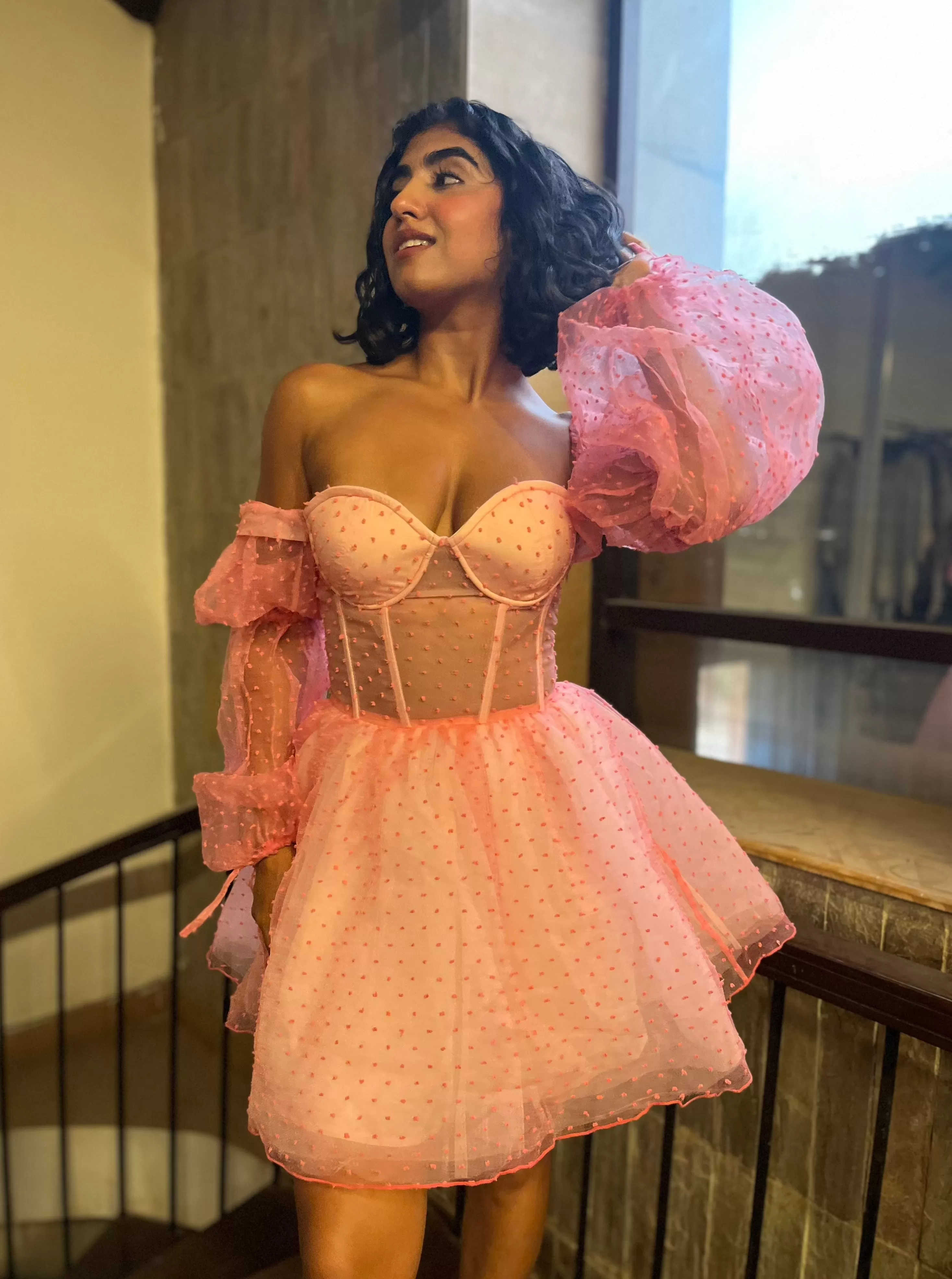 Bianca Pink Dobby Organza Puff Sleeve Corset Dress