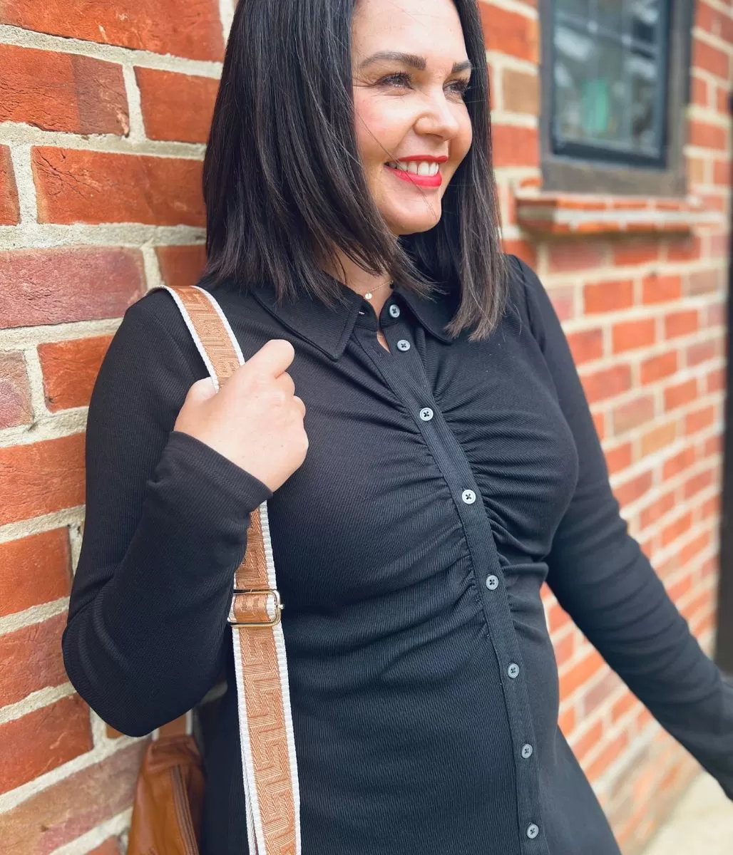 Black Buttoned Ribbed Midi Shirt Dress