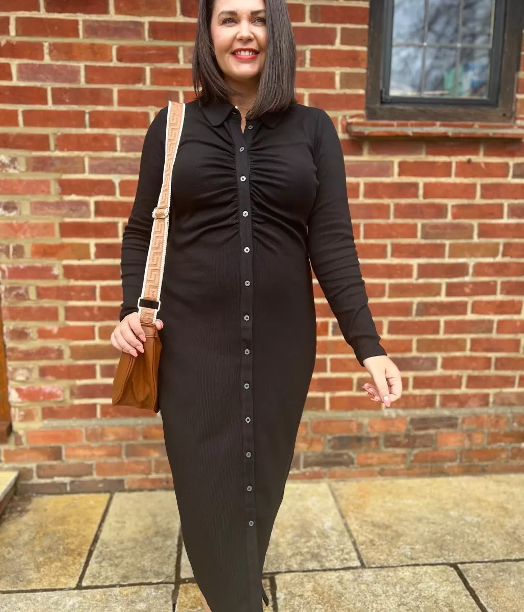 Black Buttoned Ribbed Midi Shirt Dress