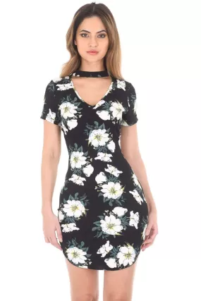 Black Floral Choker Mini Bodycon Dress