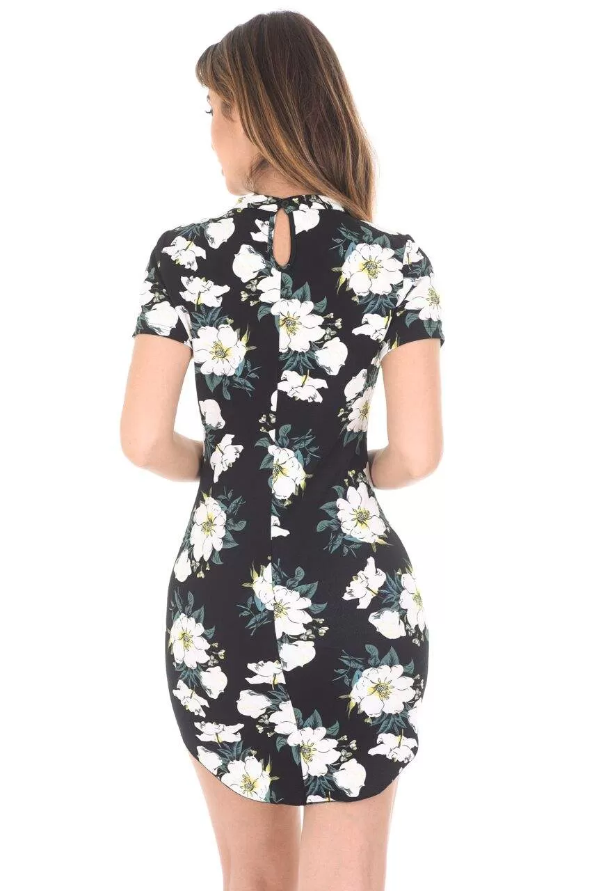 Black Floral Choker Mini Bodycon Dress