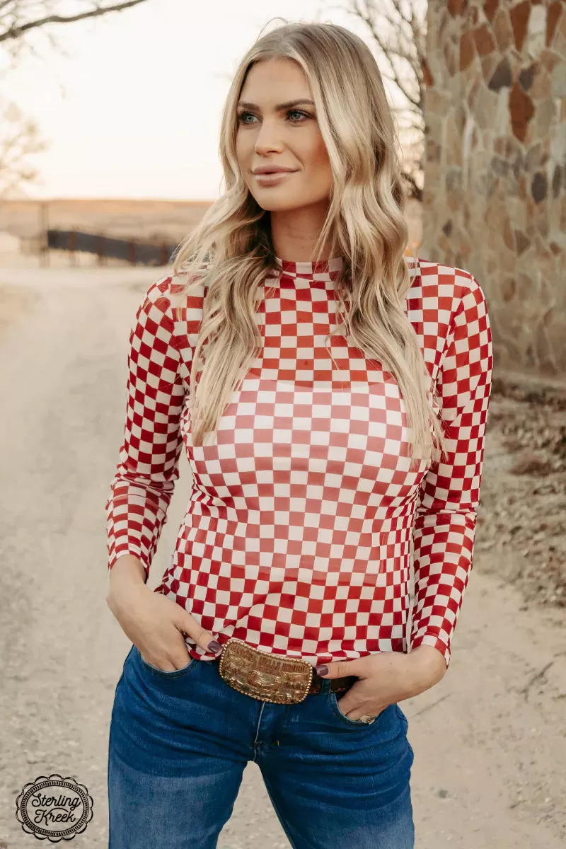 Bricktown Red Checkered Print Mesh Mock Neck Top