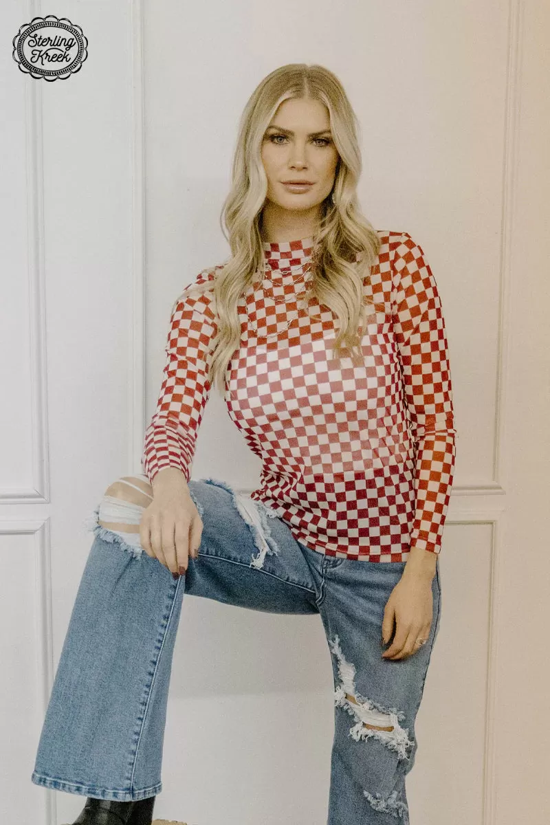 Bricktown Red Checkered Print Mesh Mock Neck Top