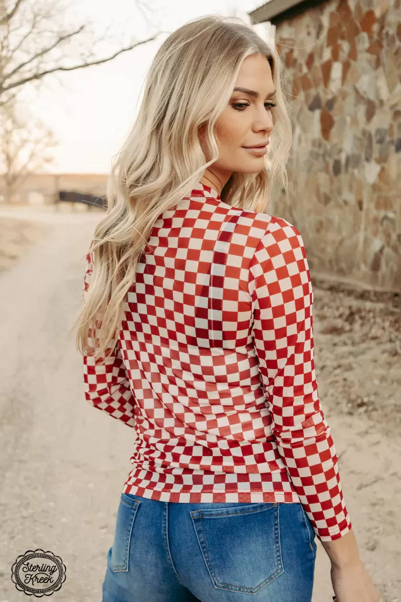 Bricktown Red Checkered Print Mesh Mock Neck Top