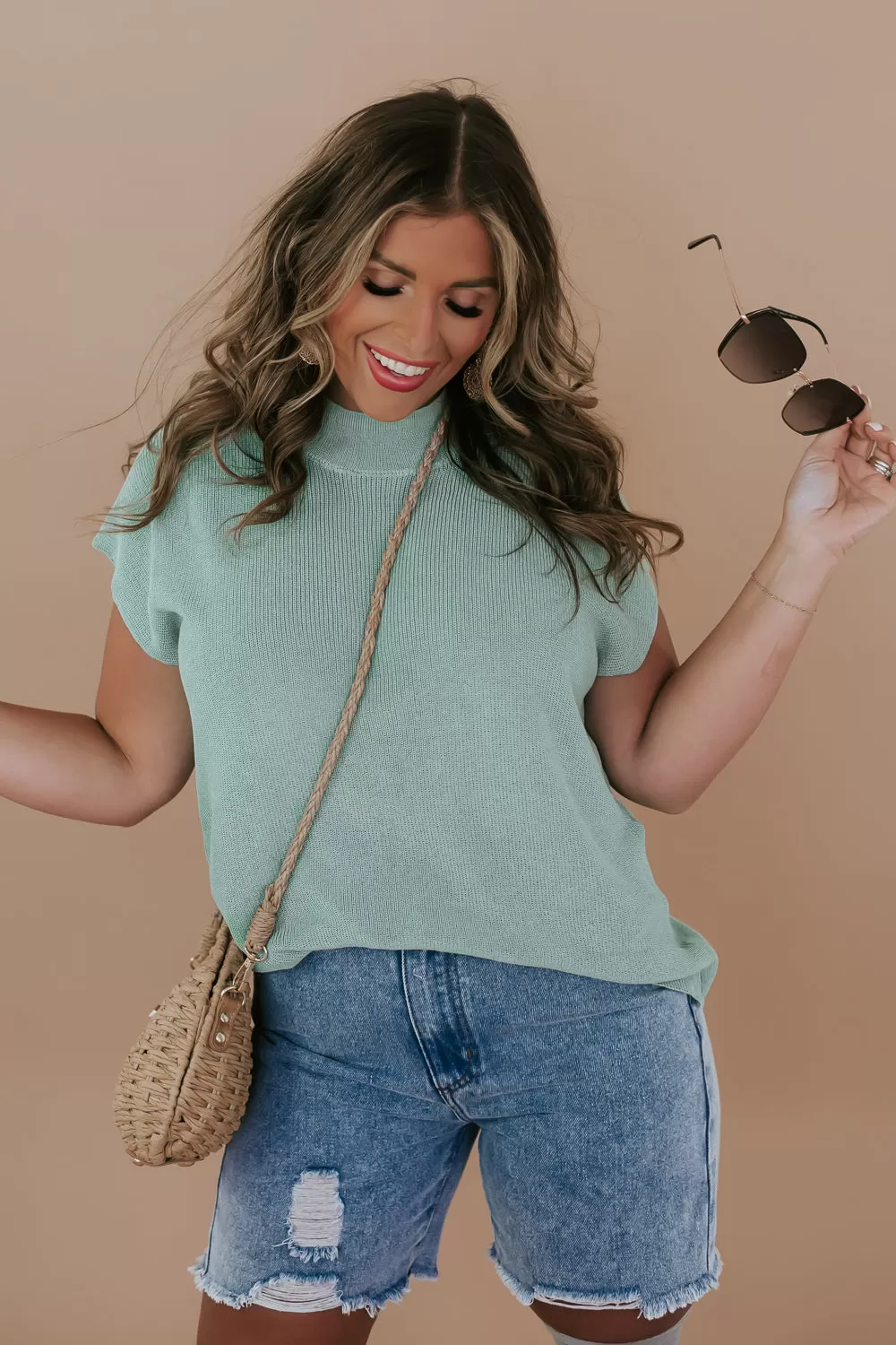 Cap Sleeve Sweater Top, Sage