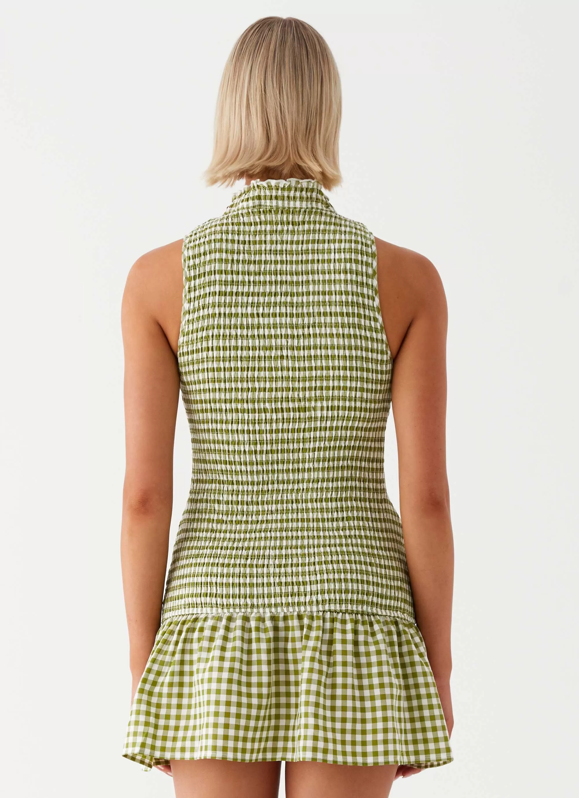 Cassie shirred Mini Dress - Khaki Gingham