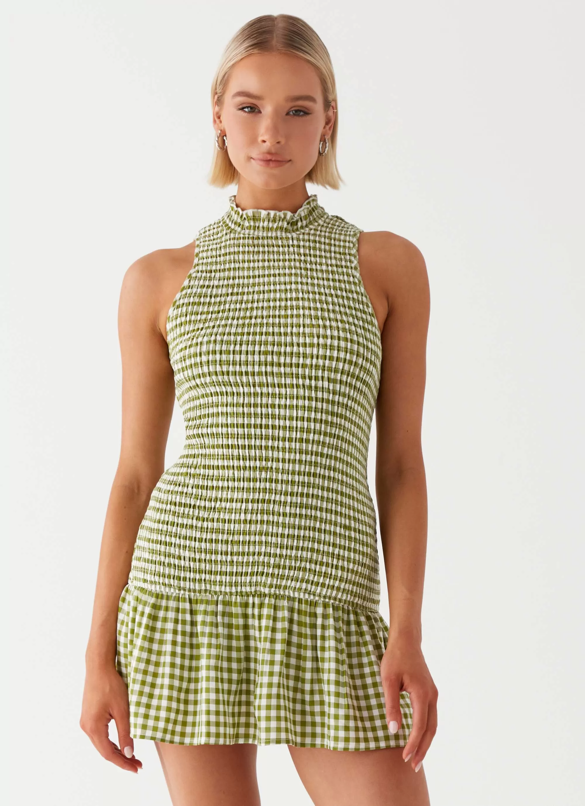 Cassie shirred Mini Dress - Khaki Gingham