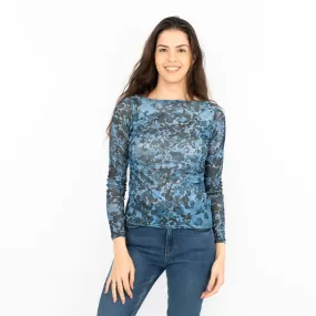 Coast Blue Floral Long Sleeve Boat Neck Mesh Tops