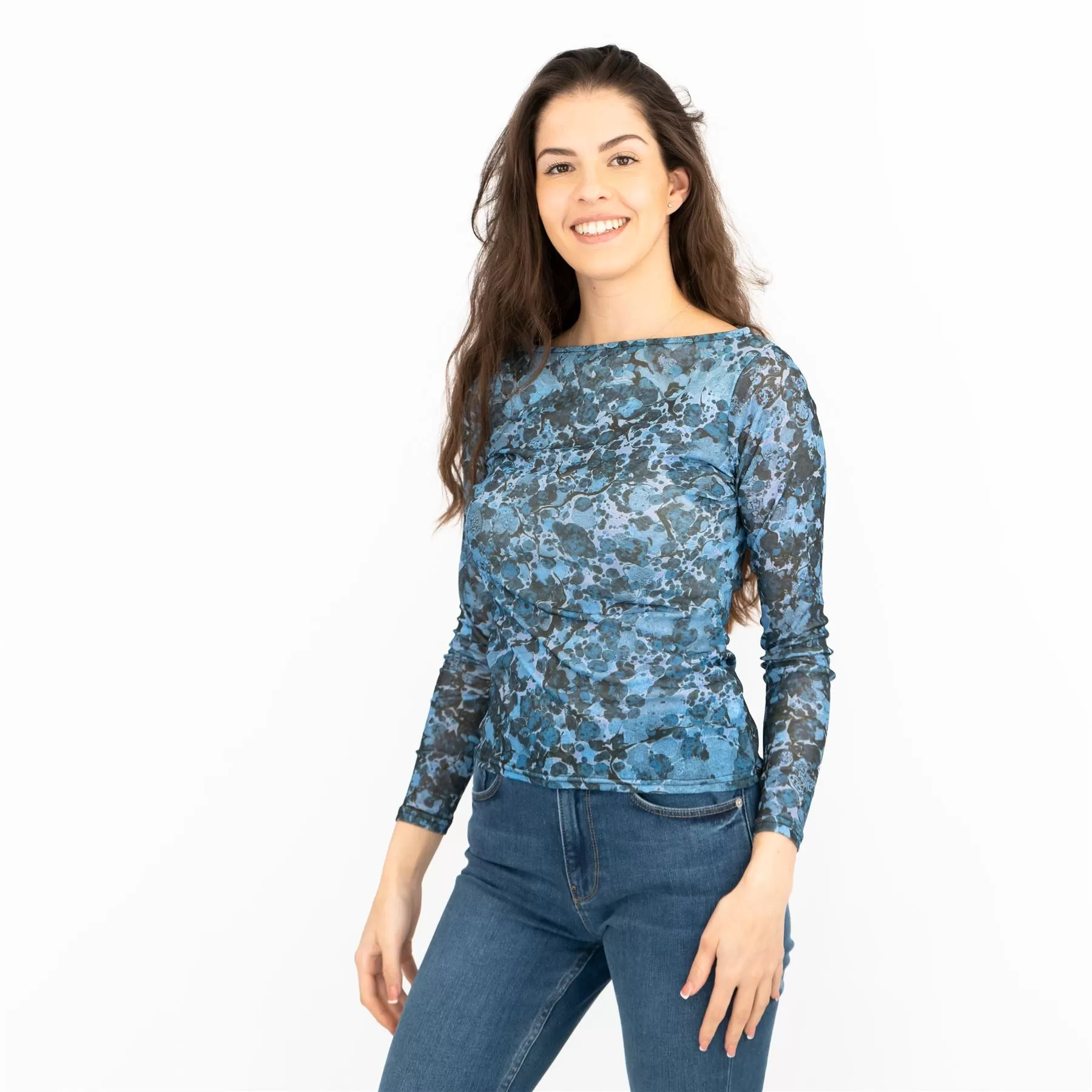 Coast Blue Floral Long Sleeve Boat Neck Mesh Tops