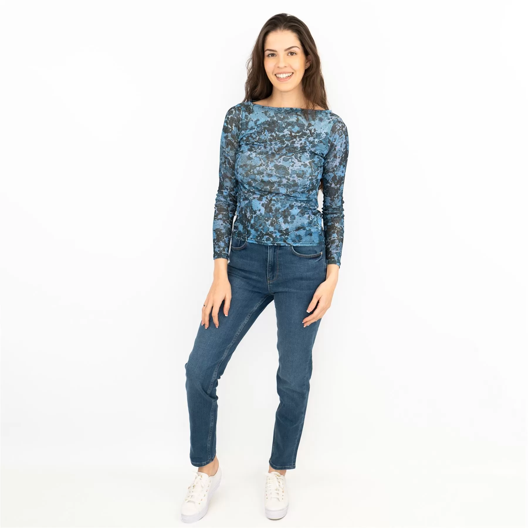 Coast Blue Floral Long Sleeve Boat Neck Mesh Tops