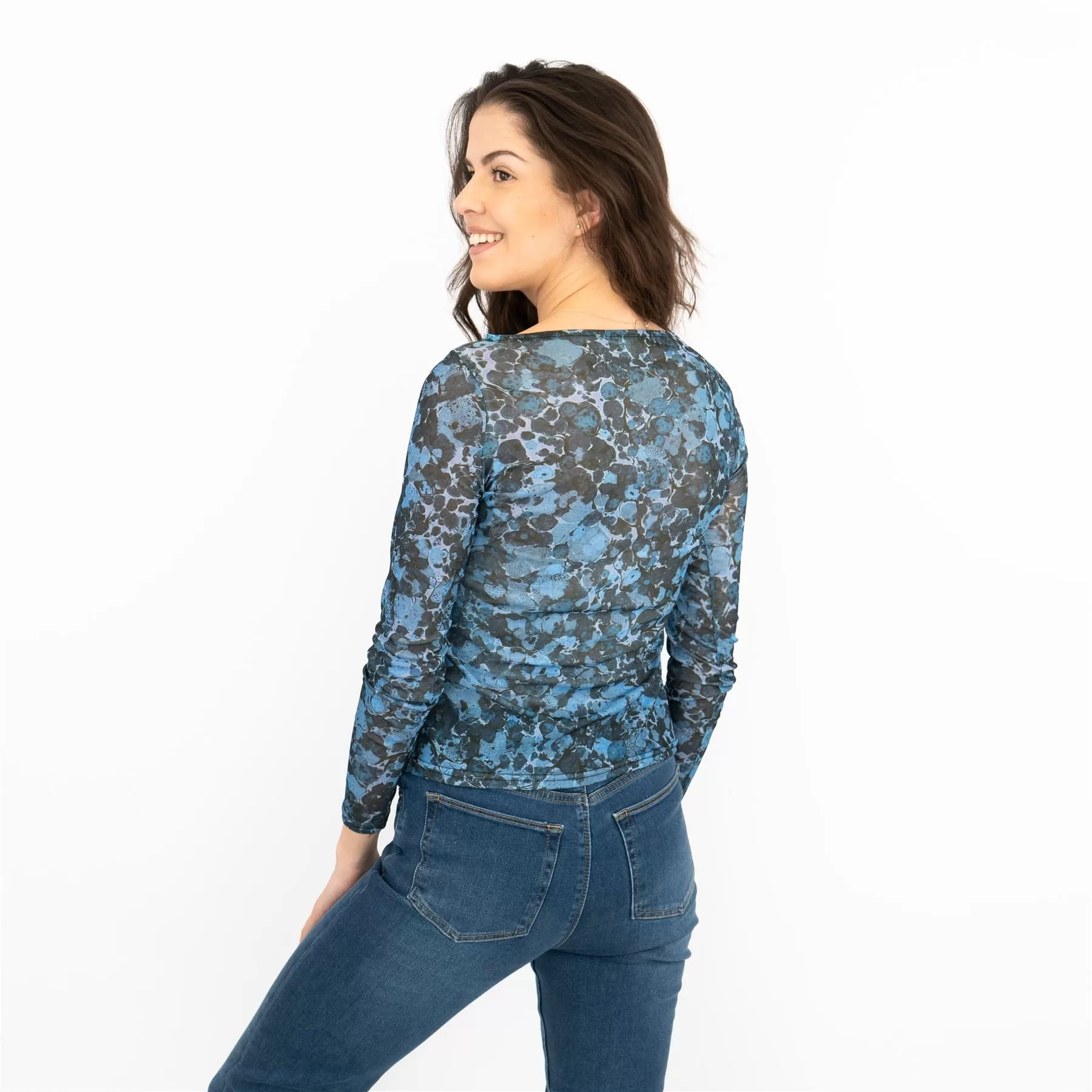 Coast Blue Floral Long Sleeve Boat Neck Mesh Tops