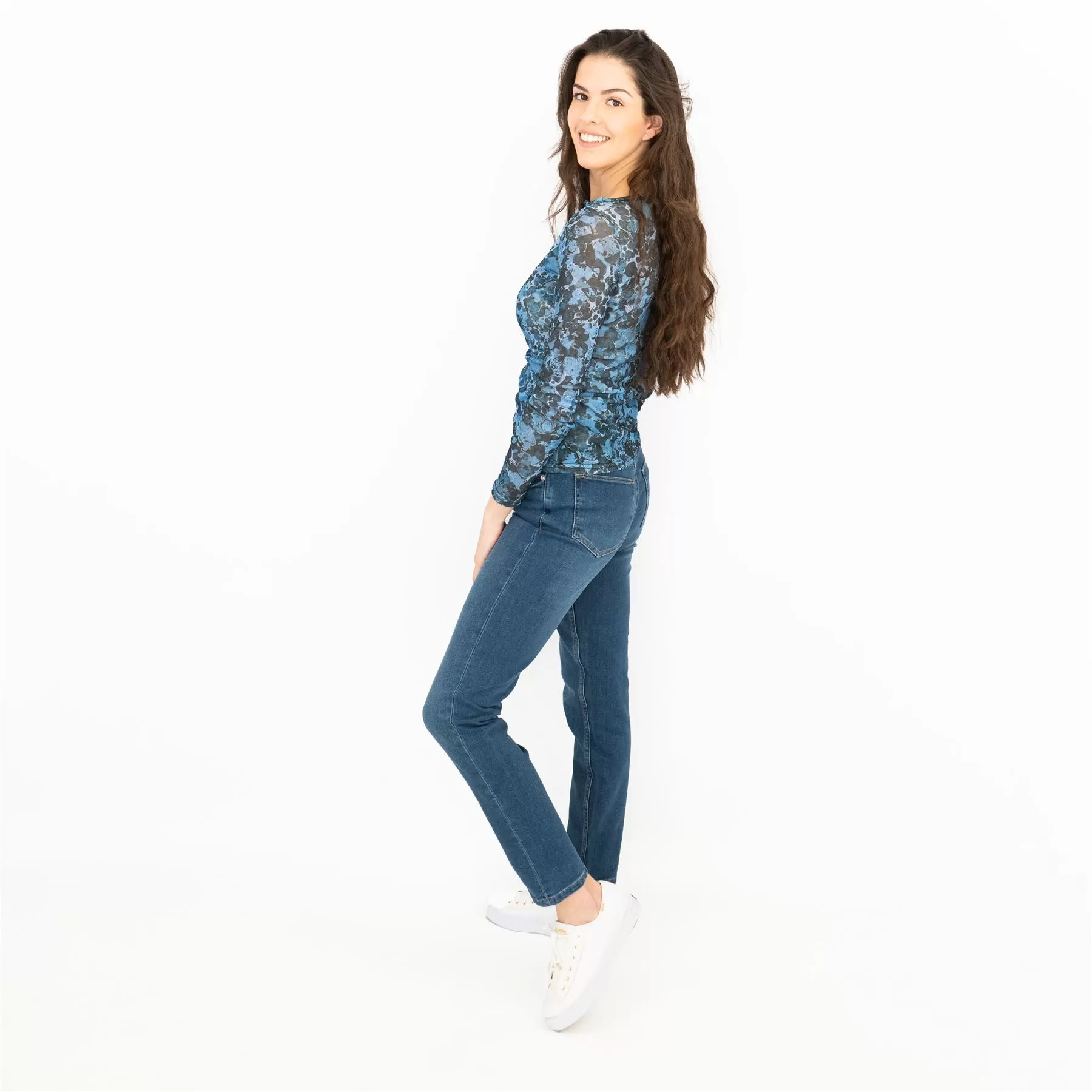 Coast Blue Floral Long Sleeve Boat Neck Mesh Tops