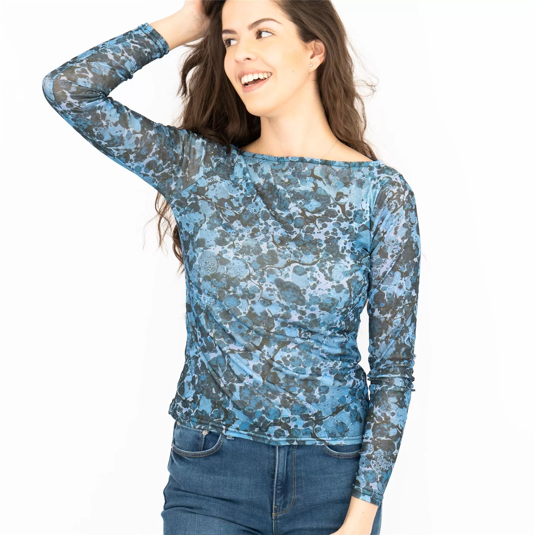 Coast Blue Floral Long Sleeve Boat Neck Mesh Tops