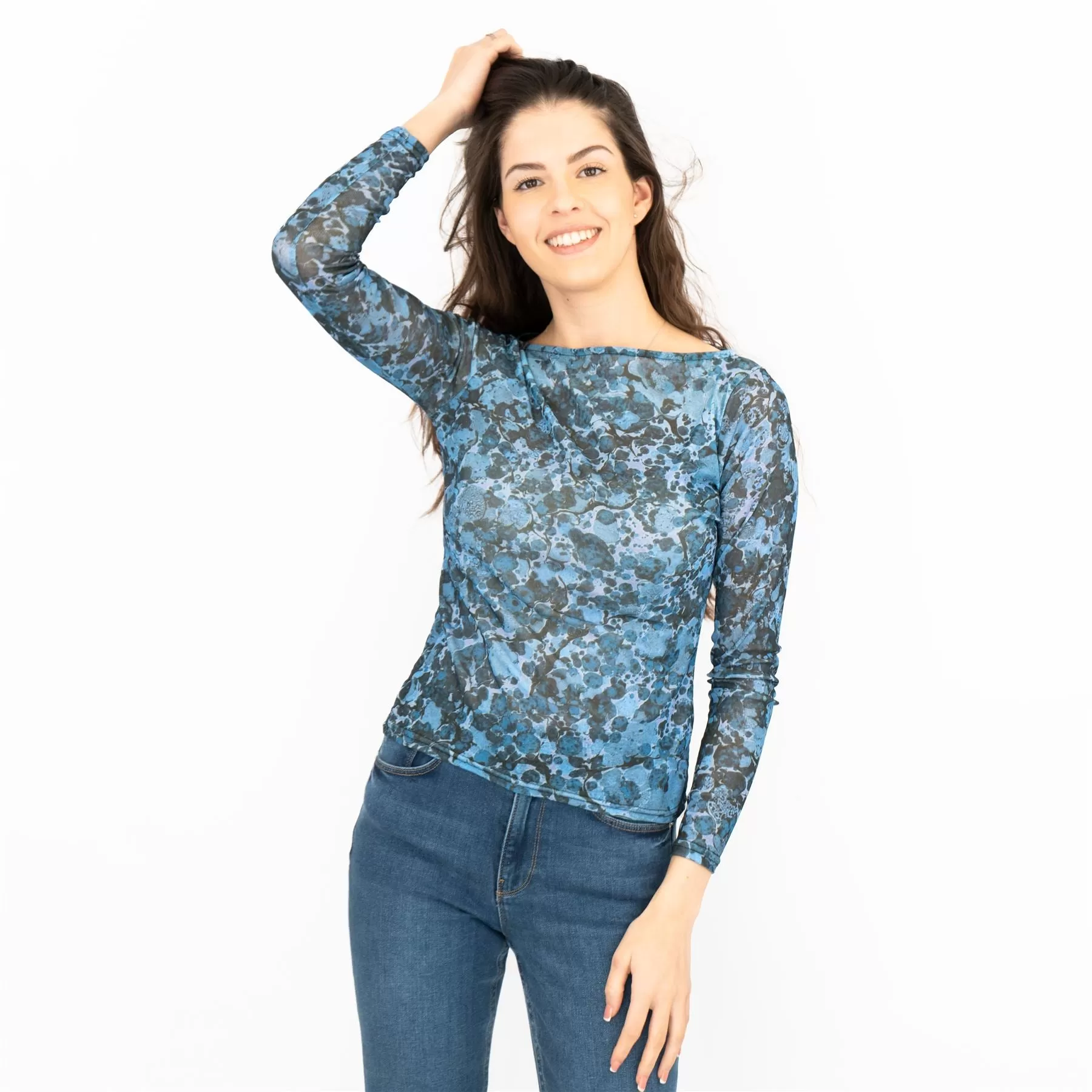 Coast Blue Floral Long Sleeve Boat Neck Mesh Tops