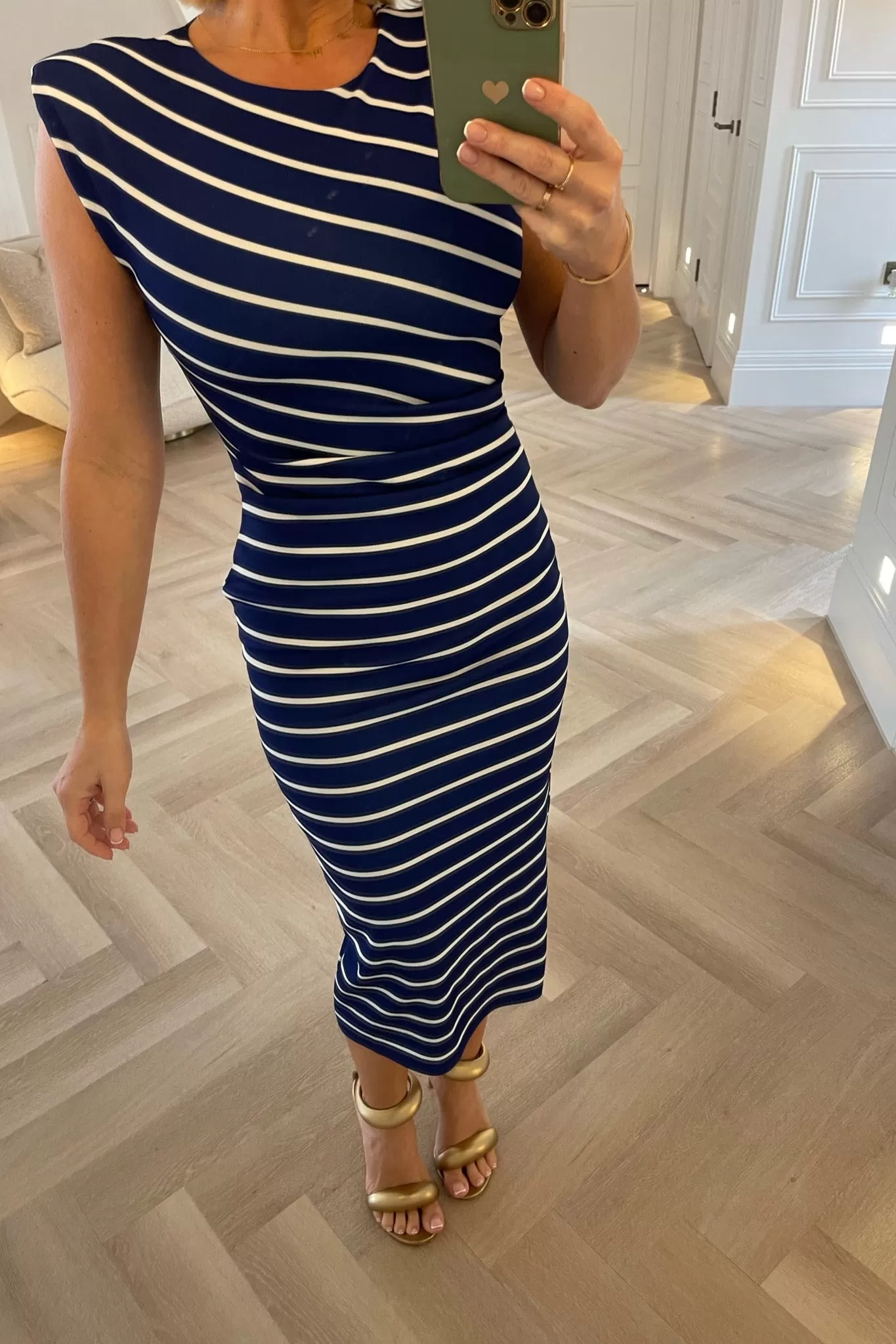 COBALT BLUE STRIPE RUCHED SHOULDER PAD MIDI DRESS