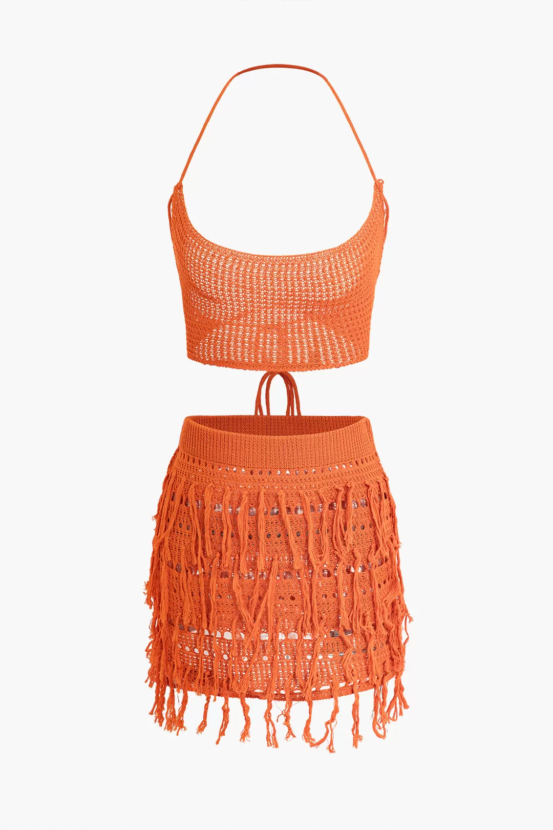 Crochet Fringe Halter Backless Knit Mini Skirt Set