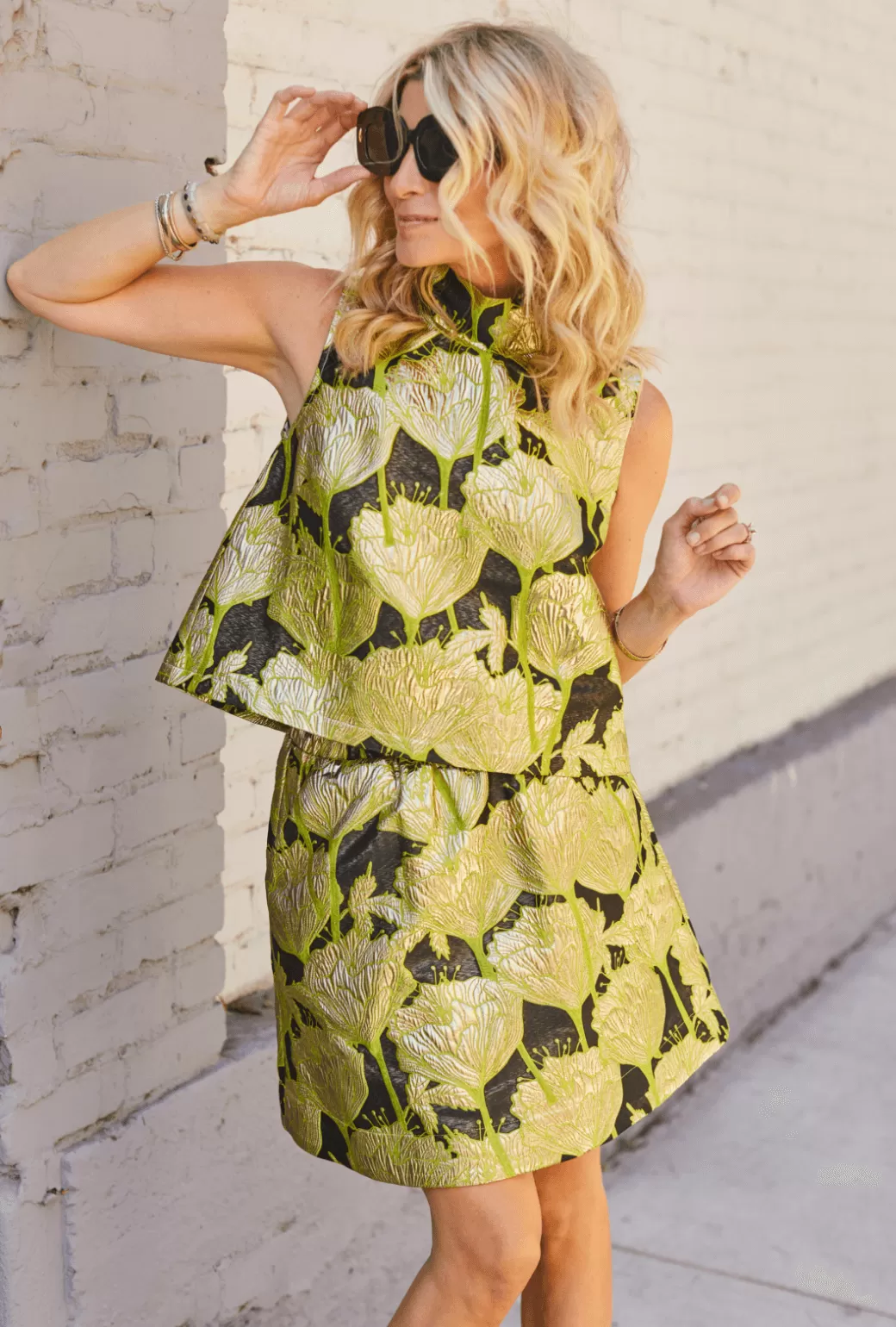 Cropped Sleeveless Mod Top - Chartreuse and Black Brocade