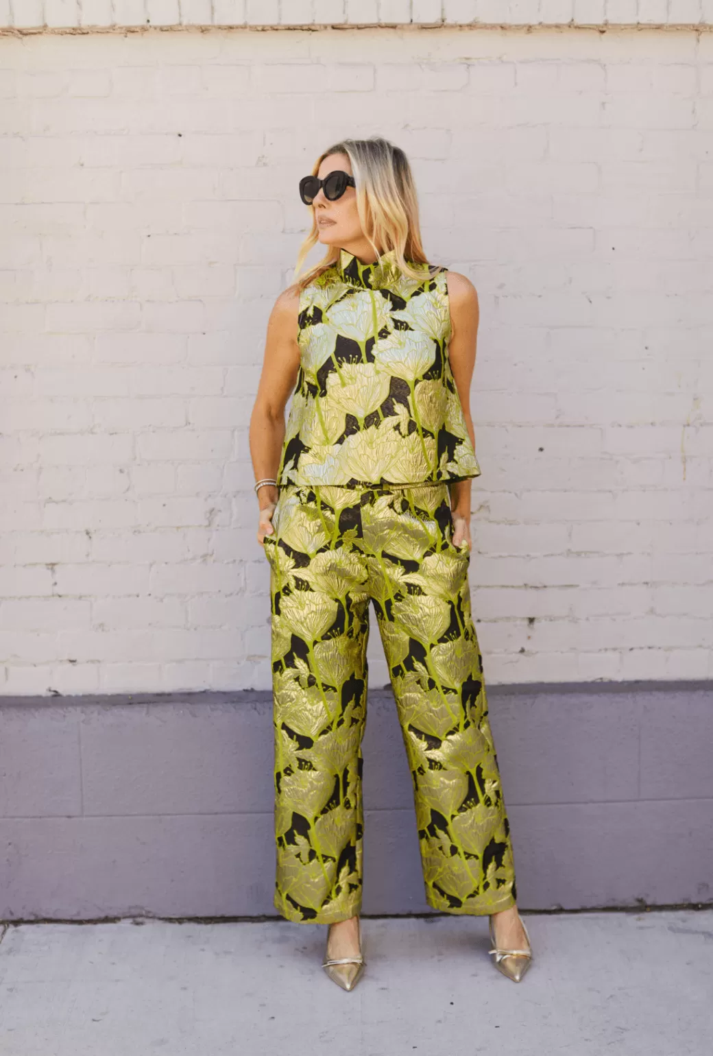 Cropped Sleeveless Mod Top - Chartreuse and Black Brocade