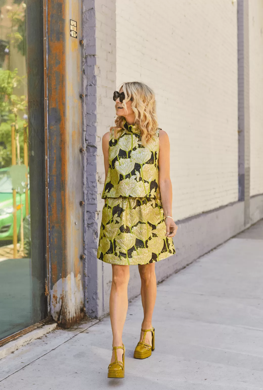 Cropped Sleeveless Mod Top - Chartreuse and Black Brocade