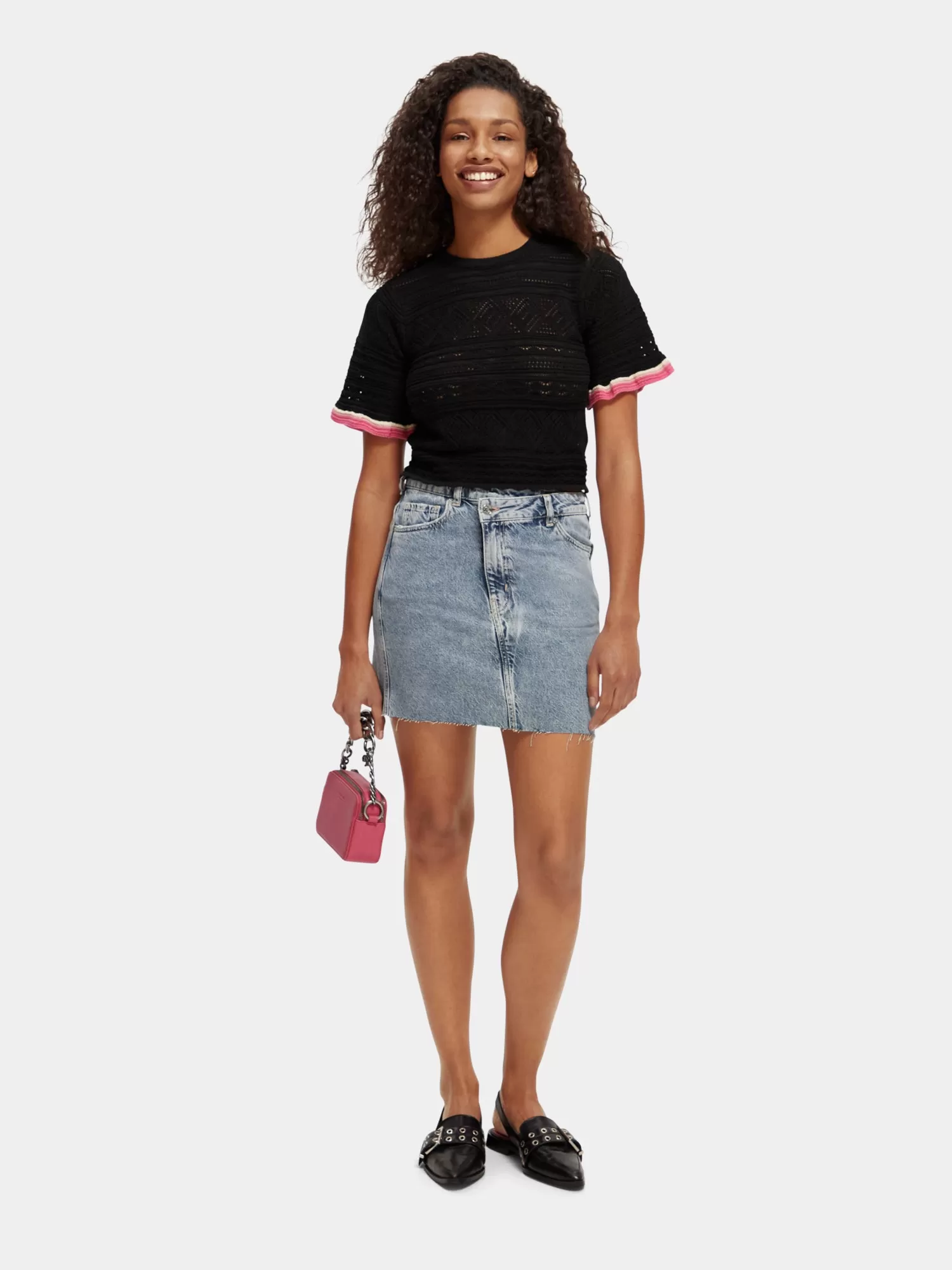 Cross over front washed denim mini skirt