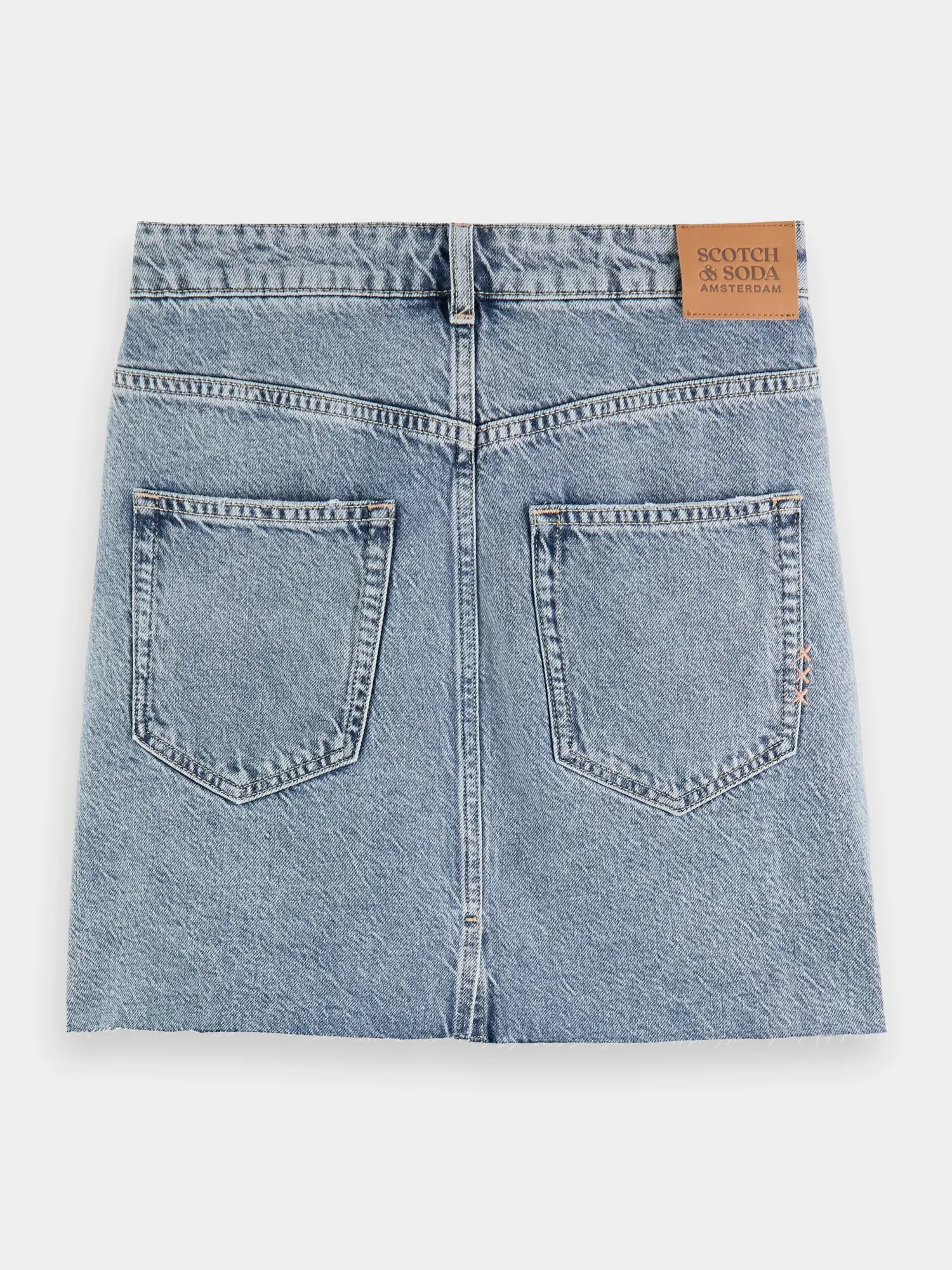 Cross over front washed denim mini skirt