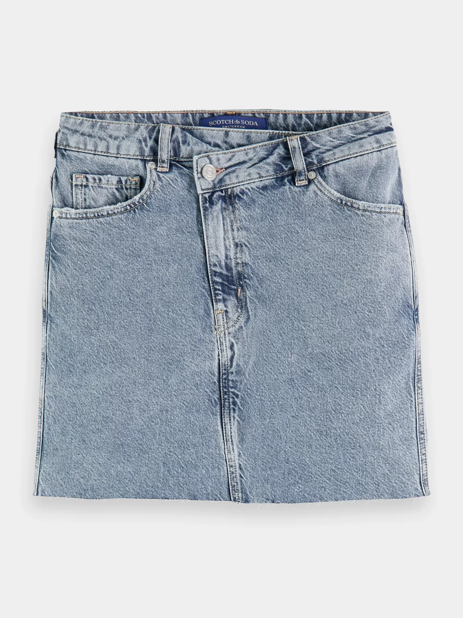 Cross over front washed denim mini skirt