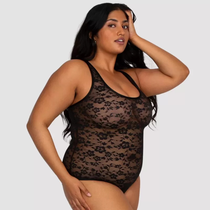 Curvy Couture No-Show Lace Bodysuit Black