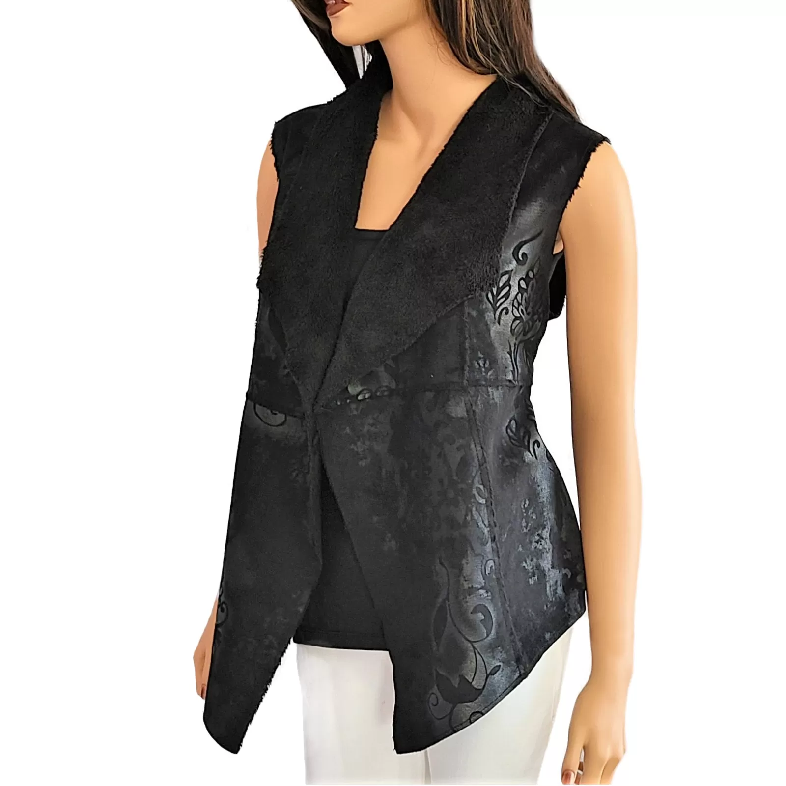 Dylan Women's Floral Print Vintage Look Faux Suede Fur Boho Vest