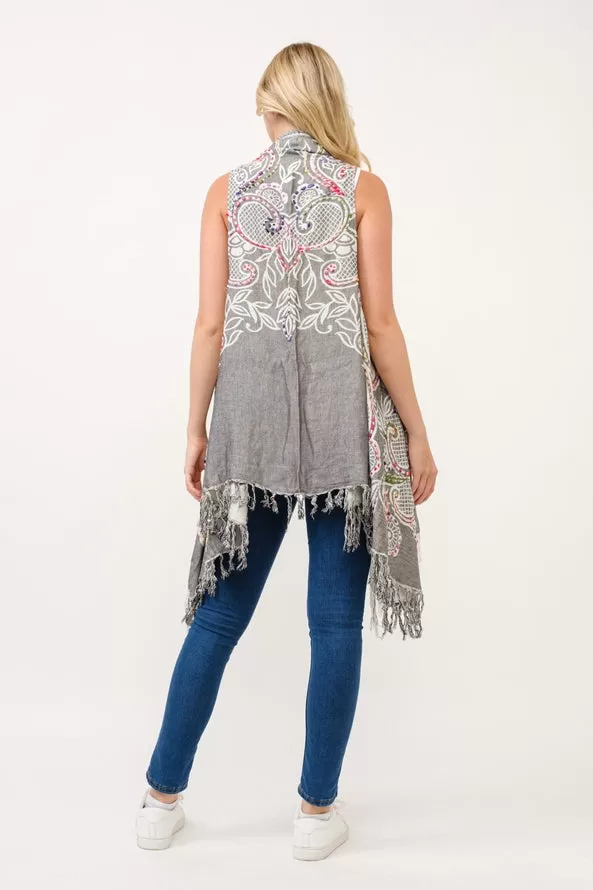 Embroidered Long Vest ~ Gray & White Floral Design