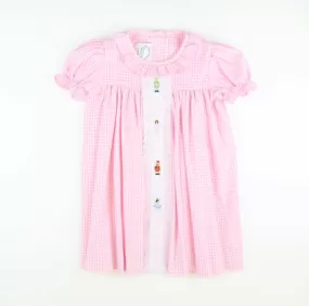 Embroidered Nutcracker Ruffle Dress - Light Pink Check Flannel