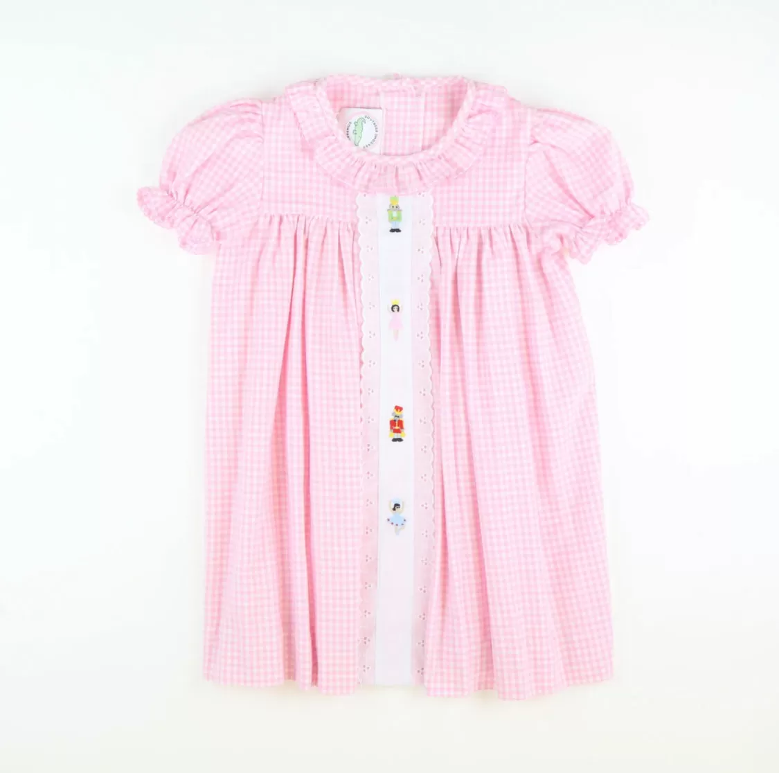 Embroidered Nutcracker Ruffle Dress - Light Pink Check Flannel