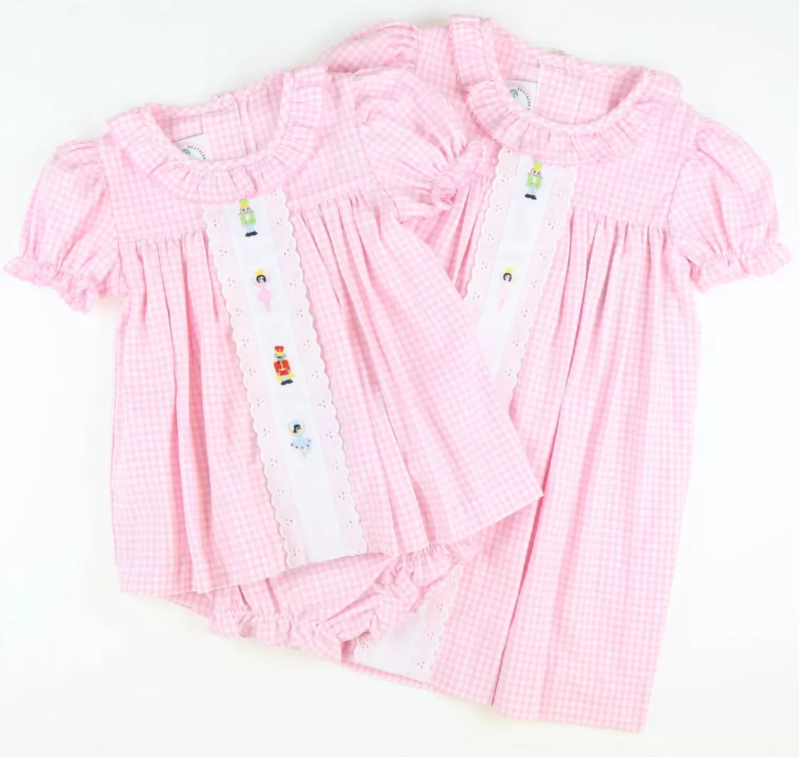 Embroidered Nutcracker Ruffle Dress - Light Pink Check Flannel